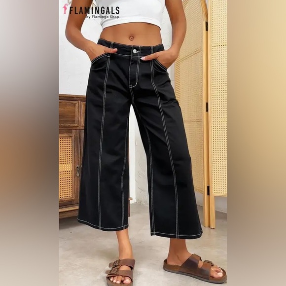 Flamingals Denim - Flamingals Black Wide-Leg Cropped Jeans with White Stitching Large NWT